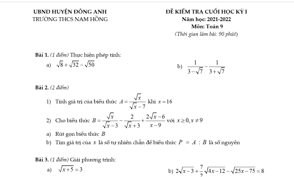 Toán 9: Đề kiểm tra cuối học kỳ 1. Trường THCS Nam Hồng-Đông Anh năm học 2021-2022